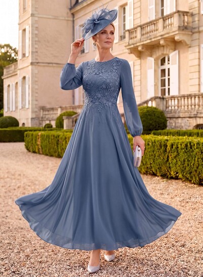 A-Line Scoop Neck Long Sleeves Ankle-Length Chiffon/Lace Mother Of The Bride Dresses With Appliques Lace
