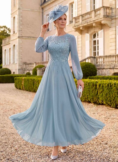 A-Line Scoop Neck Long Sleeve Ankle-Length Chiffon And Lace Mother Of The Bride Dress With Lace Appliqués