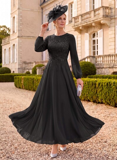 A-Line Scoop Neck Long Sleeve Ankle-Length Chiffon & Lace Mother Of The Bride Dress With Lace Appliques