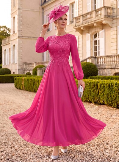A-Line Scoop Neck Long Sleeves Ankle-Length Chiffon/Lace Mother Of The Bride Dresses With Appliques Lace