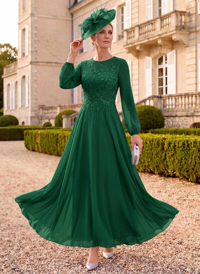 A-Line Scoop Neck Long Sleeves Ankle-Length Chiffon/Lace Mother Of The Bride Dresses With Appliques Lace