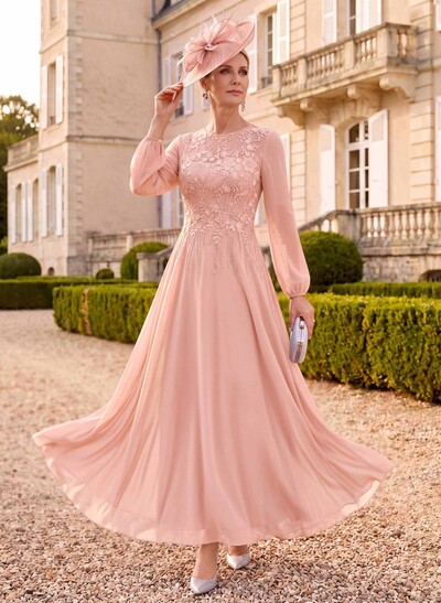 A-Line Scoop Neck Long Sleeve Ankle-Length Chiffon & Lace Mother Of The Bride Dress With Lace Appliques
