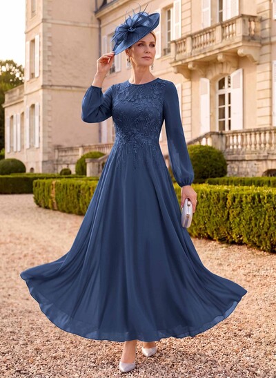 A-Line Scoop Neck Long Sleeves Ankle-Length Chiffon/Lace Mother Of The Bride Dresses With Appliques Lace