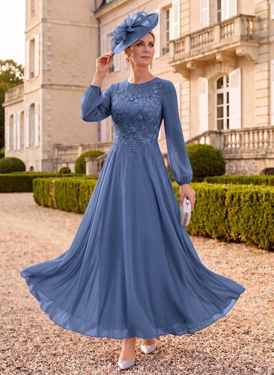 A-Line Scoop Neck Long Sleeve Ankle-Length Chiffon & Lace Mother Of The Bride Dress With Lace Appliques