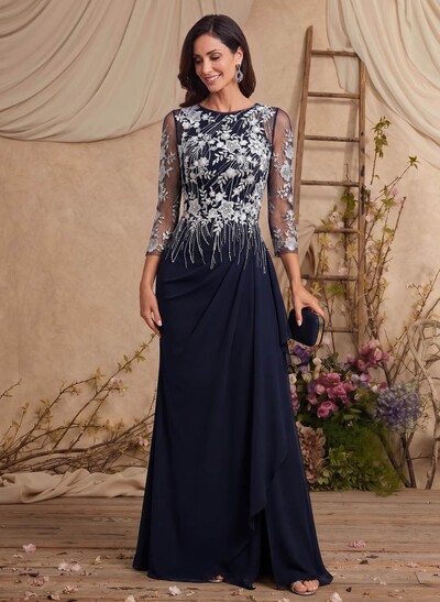 A-Line Scoop Neck 3/4 Sleeves Floor-Length Chiffon/Lace Mother Of The Bride Dresses With Ruffle/Split Front/Appliques Lace