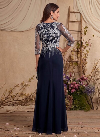 A-Line Scoop Neck 3/4 Sleeves Floor-Length Chiffon/Lace Mother Of The Bride Dresses With Ruffle/Split Front/Appliques Lace