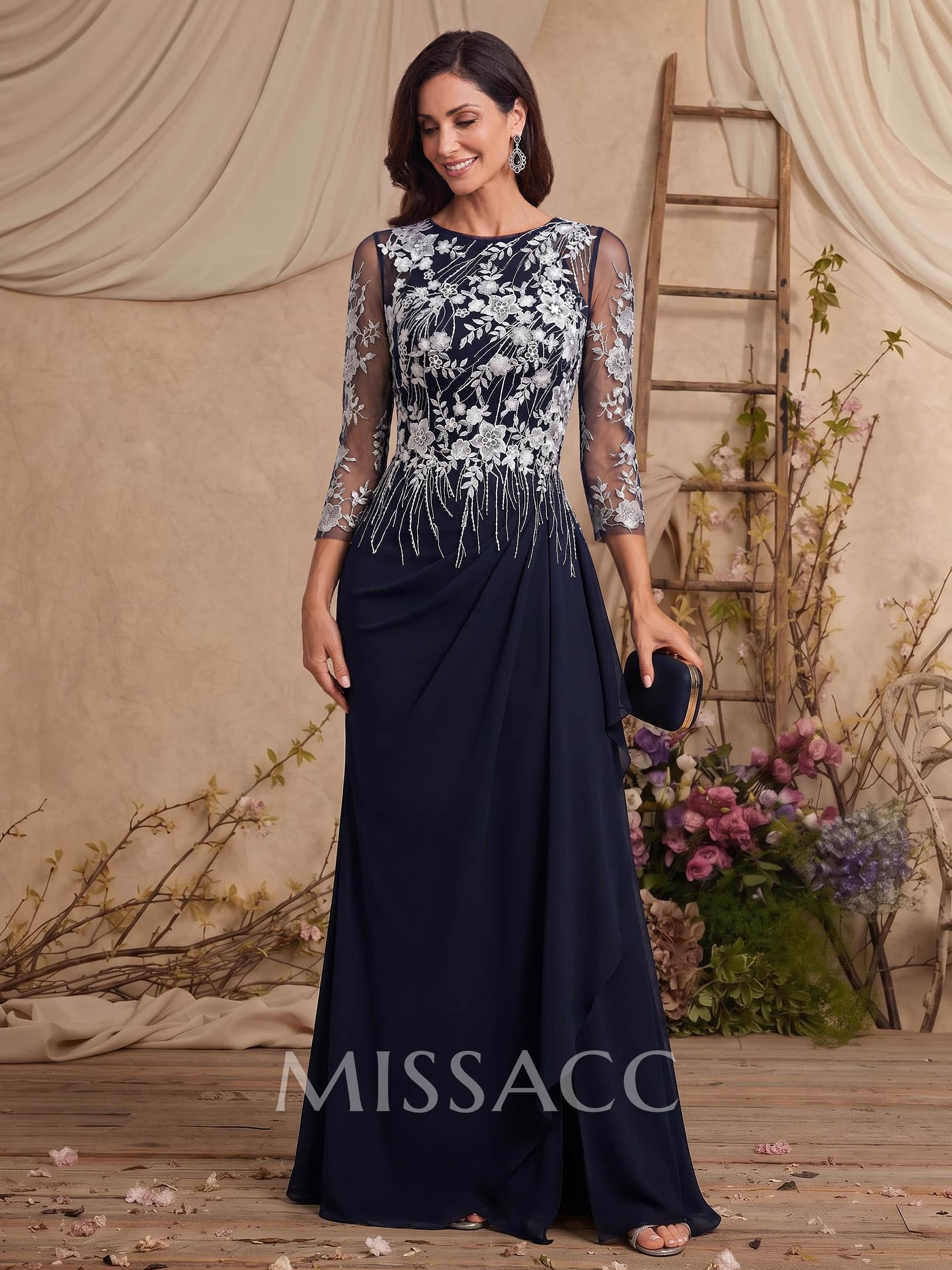 A-Line Scoop Neck 3/4 Sleeves Floor-Length Chiffon/Lace Mother Of The Bride Dresses With Ruffle/Split Front/Appliques Lace
