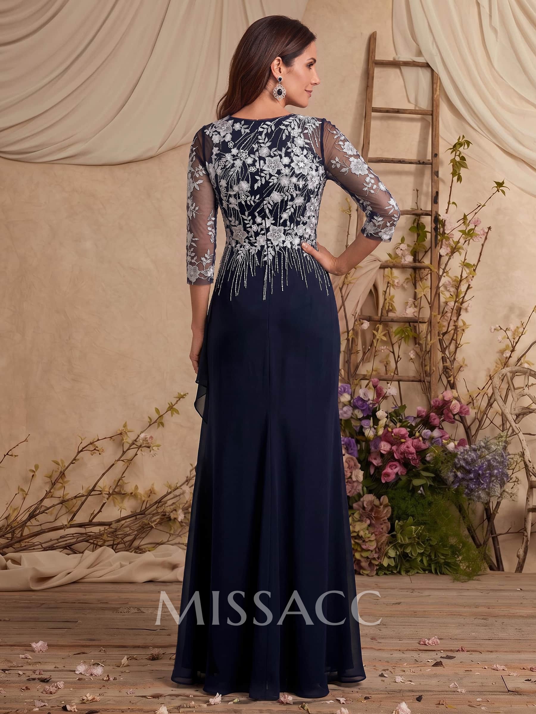 A-Line Scoop Neck 3/4 Sleeves Floor-Length Chiffon/Lace Mother Of The Bride Dresses With Ruffle/Split Front/Appliques Lace