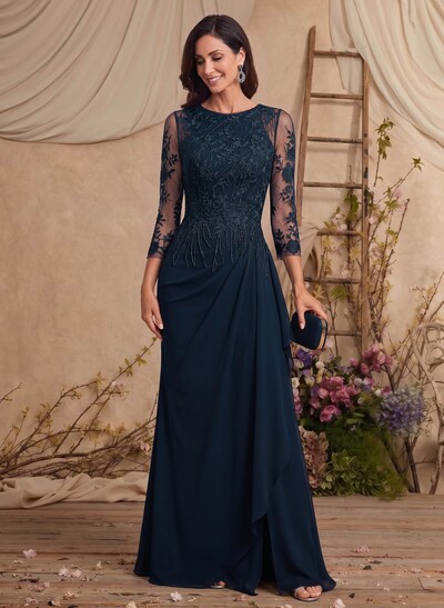 A-Line Scoop Neck 3/4 Sleeves Floor-Length Chiffon/Lace Mother Of The Bride Dresses With Ruffle/Split Front/Appliques Lace