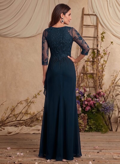 A-Line Scoop Neck 3/4 Sleeves Floor-Length Chiffon/Lace Mother Of The Bride Dresses With Ruffle/Split Front/Appliques Lace