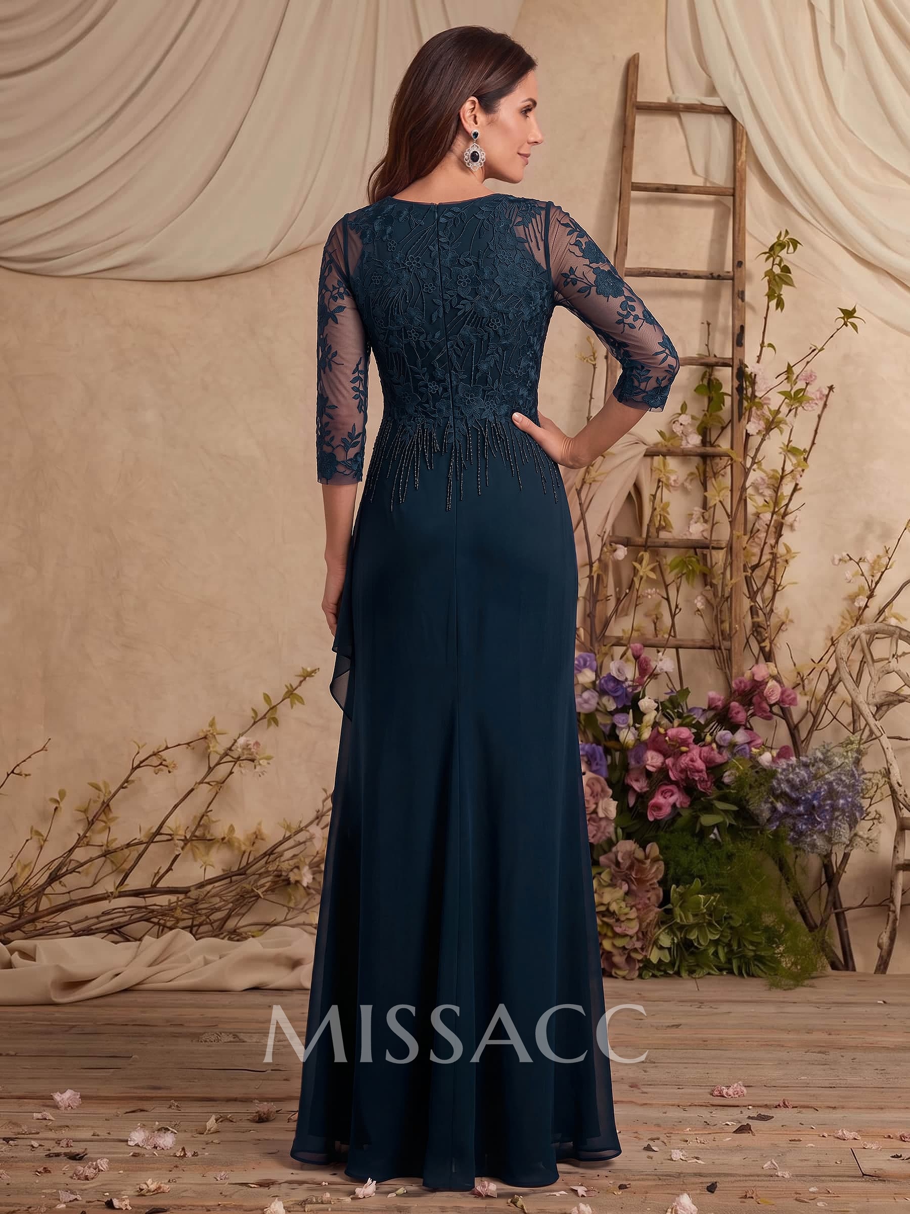 A-Line Scoop Neck 3/4 Sleeves Floor-Length Chiffon/Lace Mother Of The Bride Dresses With Ruffle/Split Front/Appliques Lace