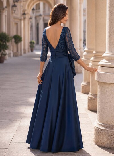 A-Line Scoop Neck 3/4 Sleeves Floor-Length Lace/Satin Mother Of The Bride Dresses With Bow/High Split