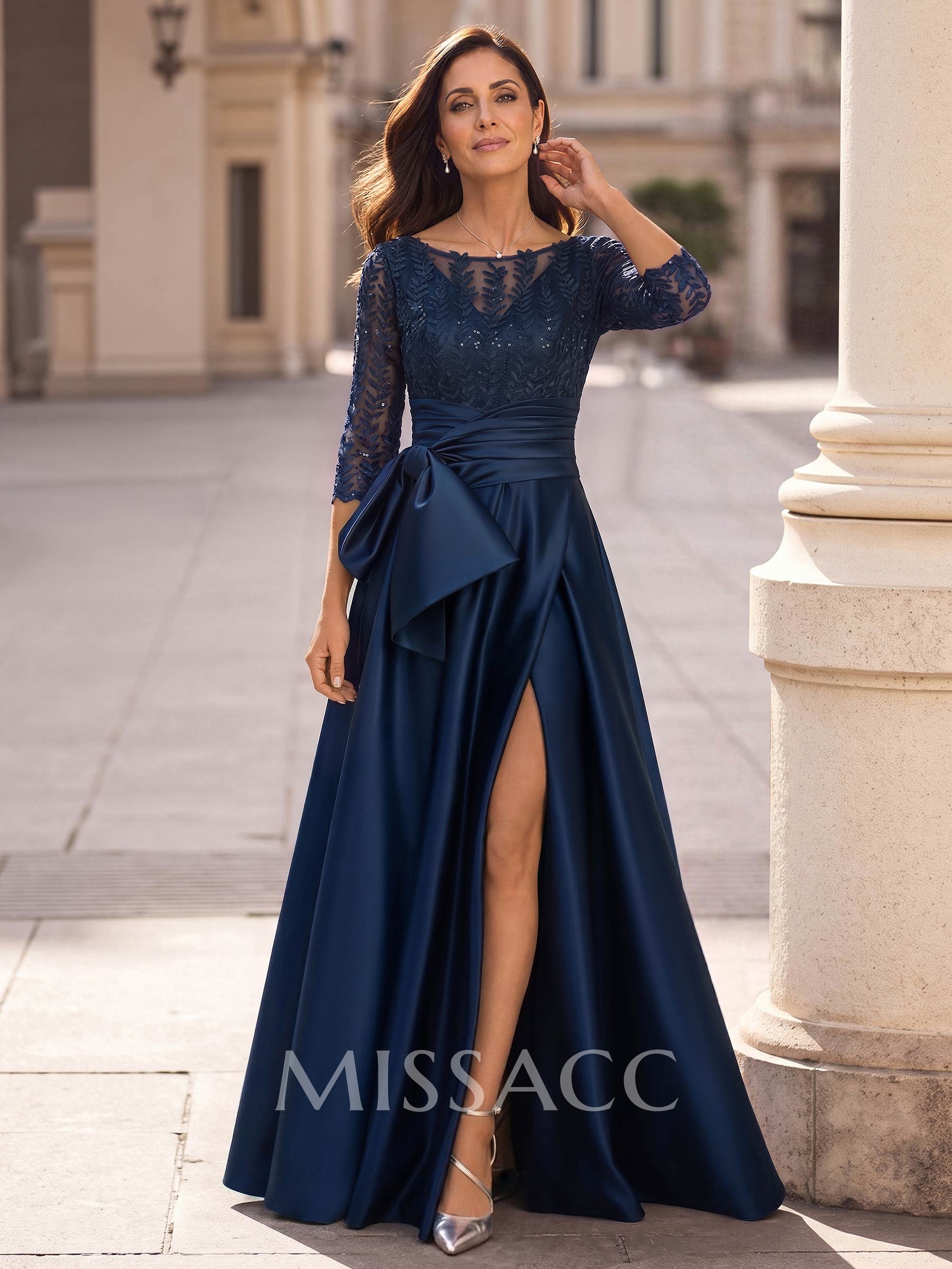 A-Line Scoop Neck 3/4 Sleeves Floor-Length Lace/Satin Mother Of The Bride Dresses With Bow/High Split