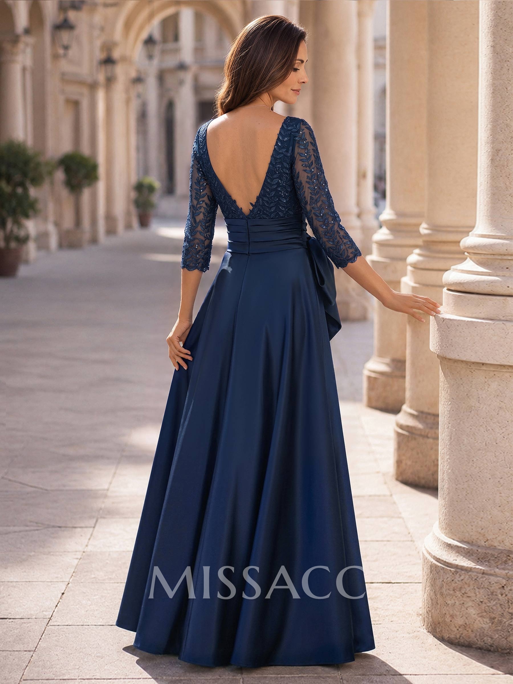 A-Line Scoop Neck 3/4 Sleeves Floor-Length Lace/Satin Mother Of The Bride Dresses With Bow/High Split