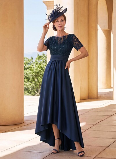 A-Line Scoop Neck Short Sleeves Asymmetrical Lace/Satin Mother Of The Bride Dresses With Appliques Lace