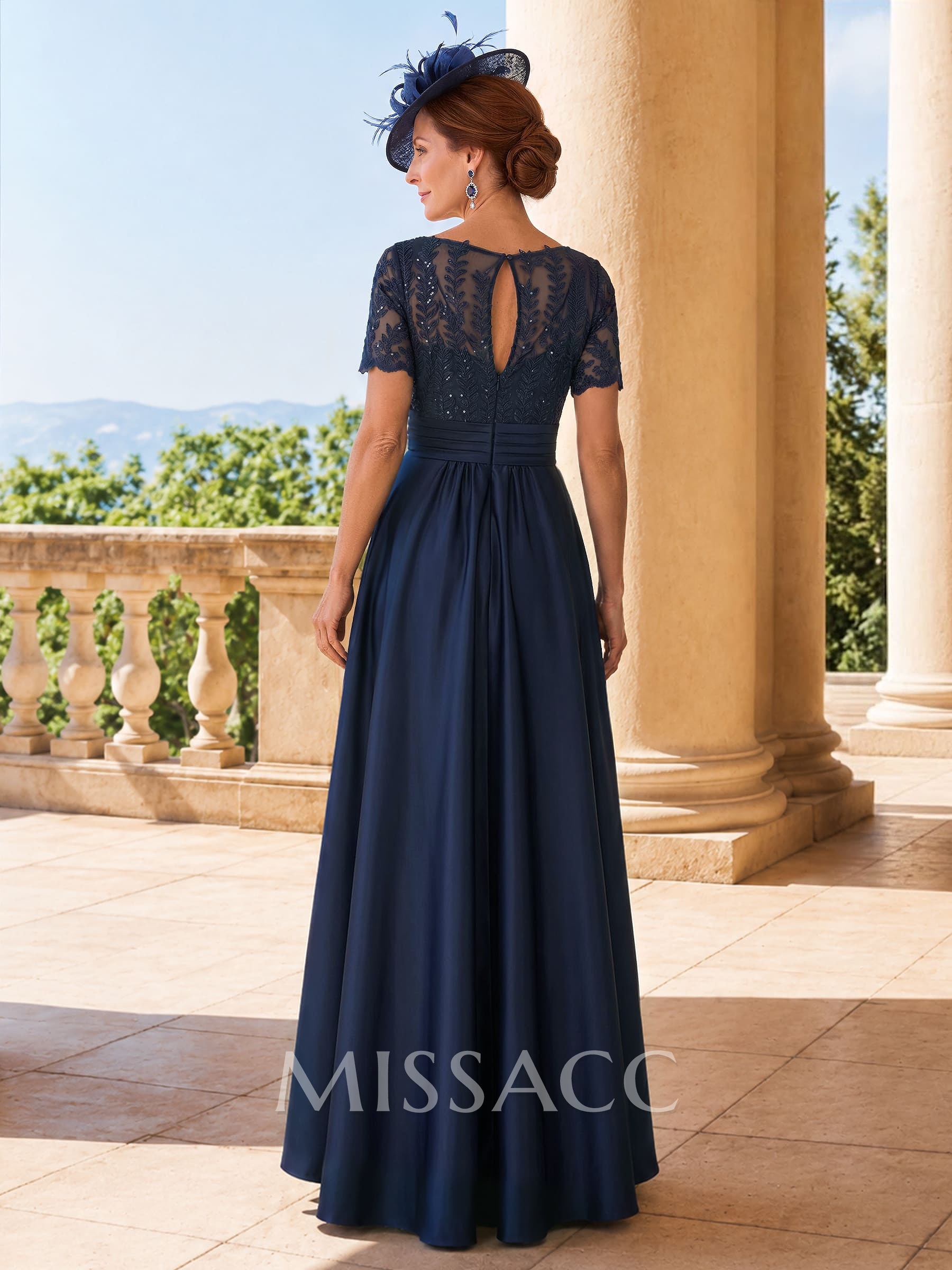 A-Line Scoop Neck Short Sleeves Asymmetrical Lace/Satin Mother Of The Bride Dresses With Appliques Lace