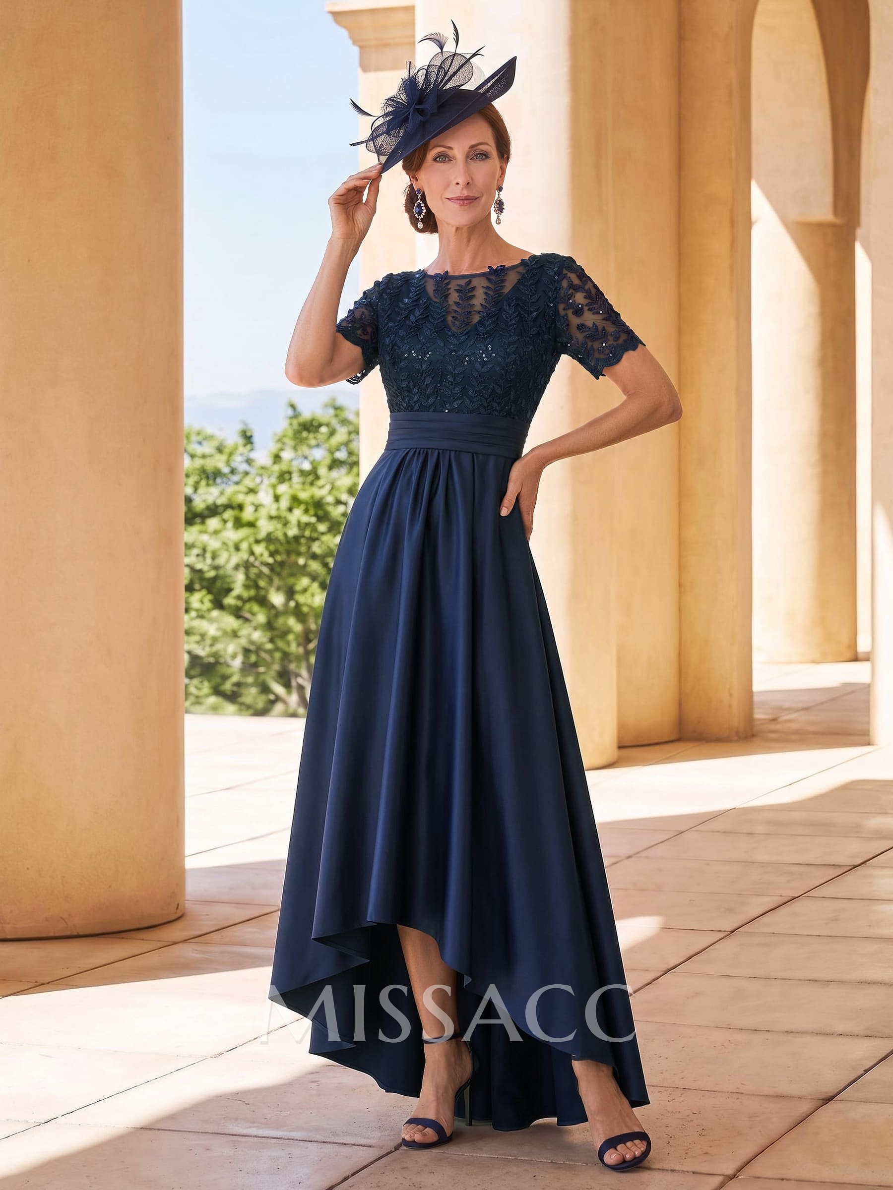 A-Line Scoop Neck Short Sleeves Asymmetrical Lace/Satin Mother Of The Bride Dresses With Appliques Lace