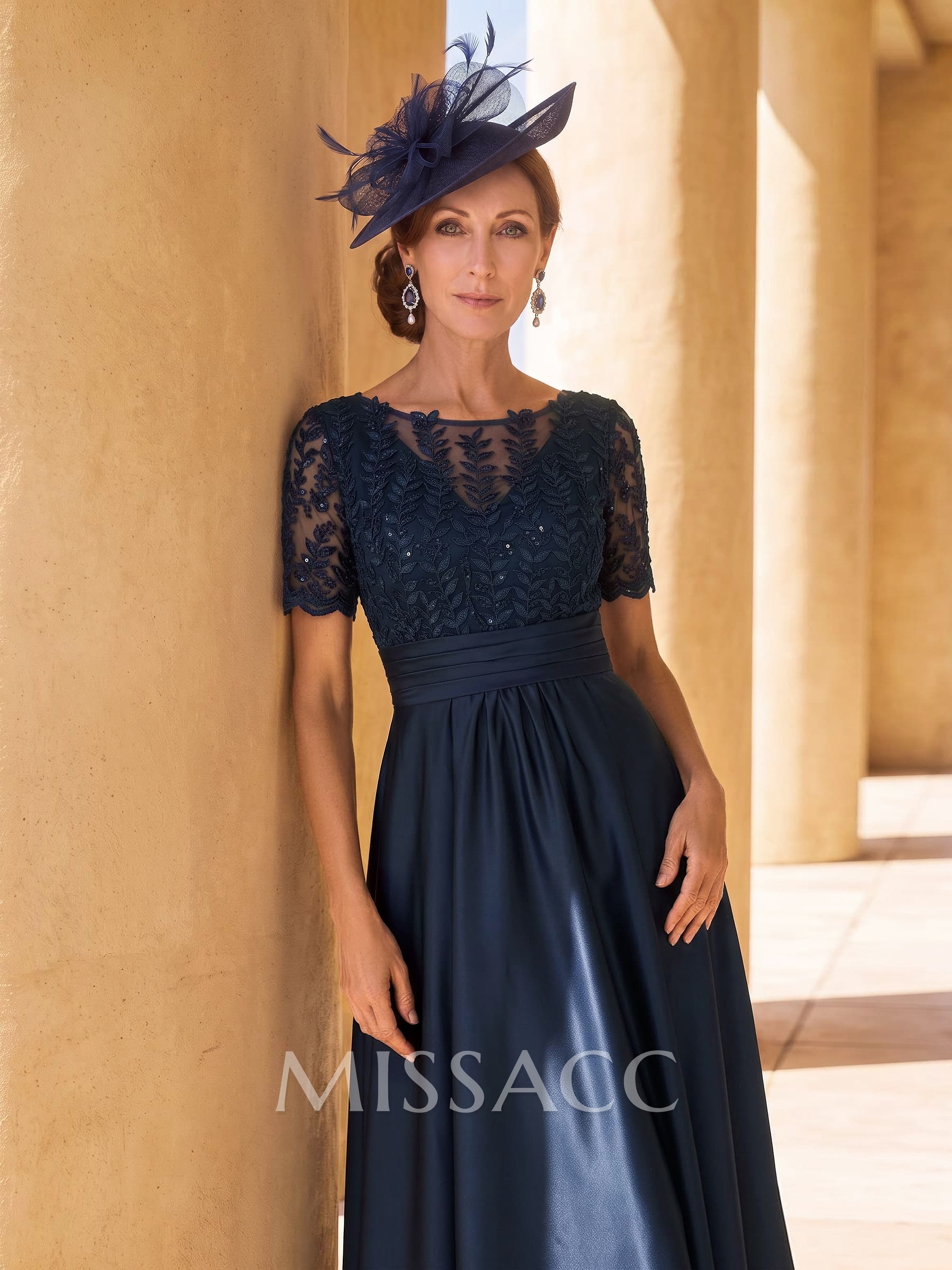 A-Line Scoop Neck Short Sleeves Asymmetrical Lace/Satin Mother Of The Bride Dresses With Appliques Lace