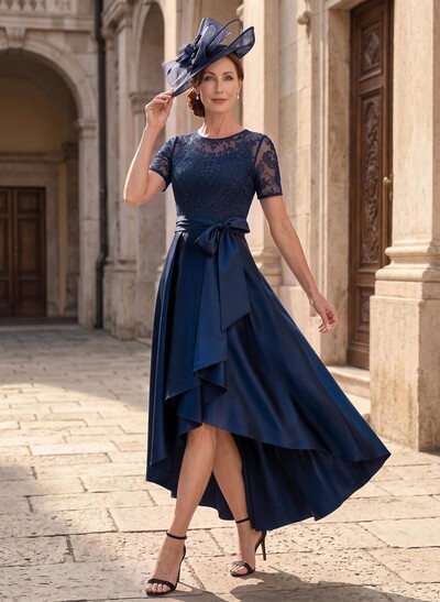 A-Line Scoop Neck Short Sleeves Asymmetrical Lace/Satin Mother Of The Bride Dresses With Bow/Appliques Lace
