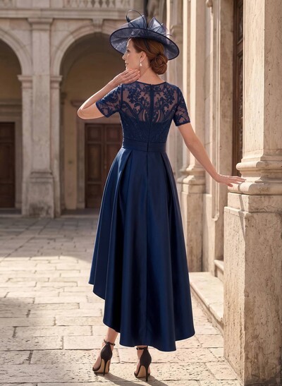A-Line Scoop Neck Short Sleeves Asymmetrical Lace/Satin Mother Of The Bride Dresses With Bow/Appliques Lace