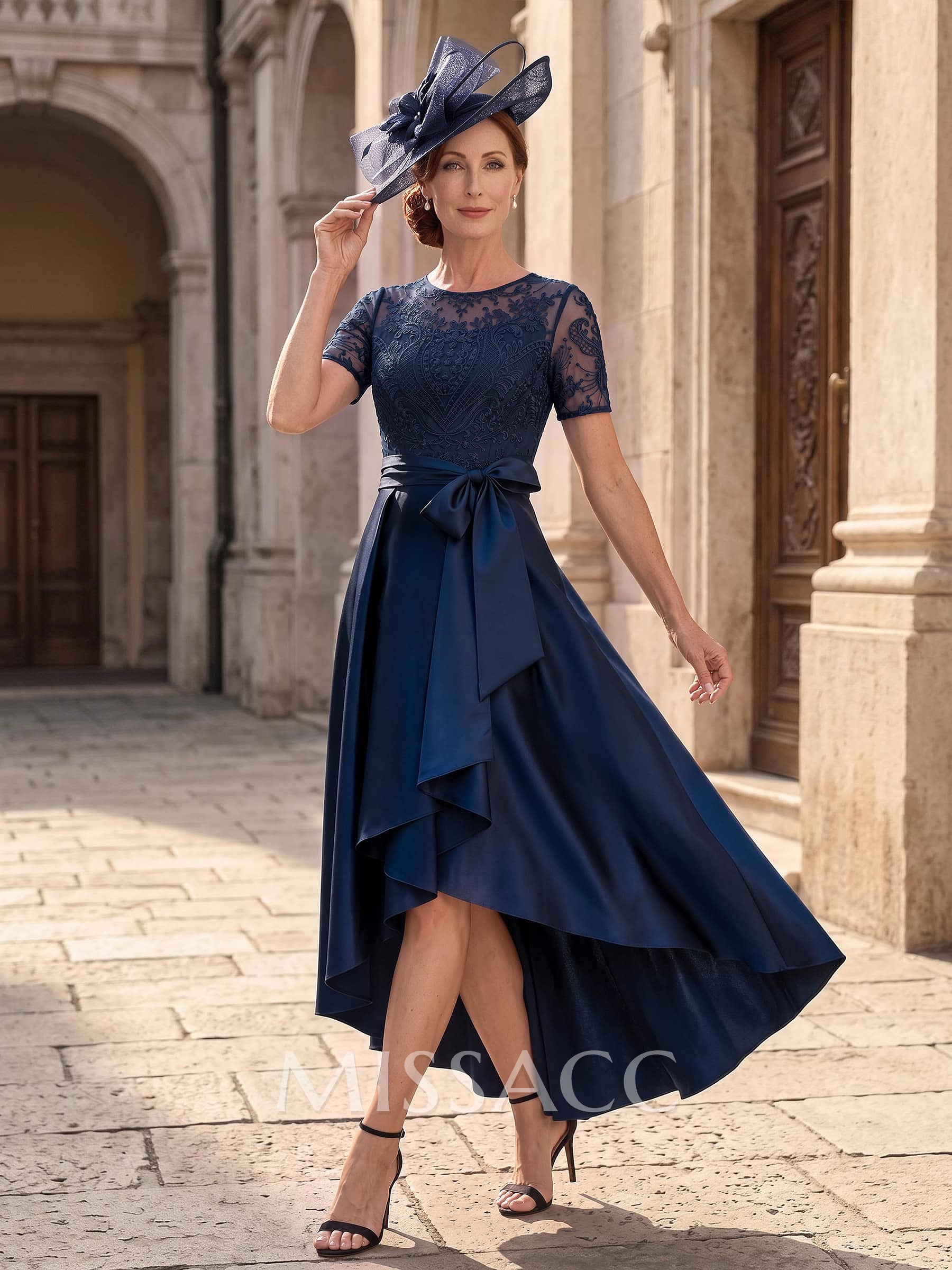 A-Line Scoop Neck Short Sleeves Asymmetrical Lace/Satin Mother Of The Bride Dresses With Bow/Appliques Lace
