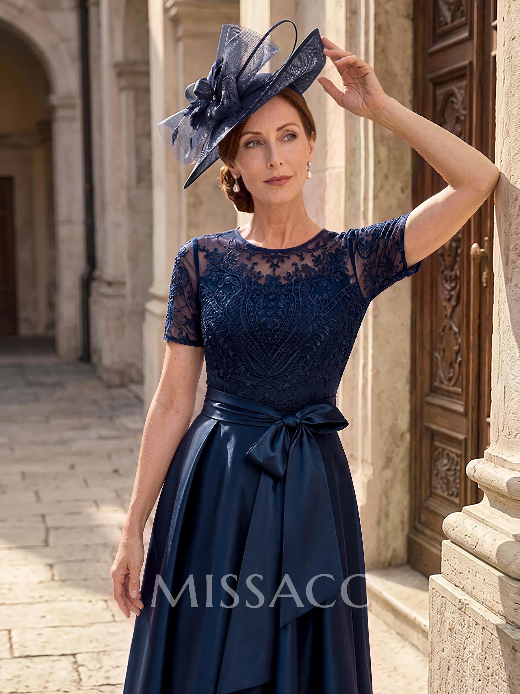 A-Line Scoop Neck Short Sleeves Asymmetrical Lace/Satin Mother Of The Bride Dresses With Bow/Appliques Lace