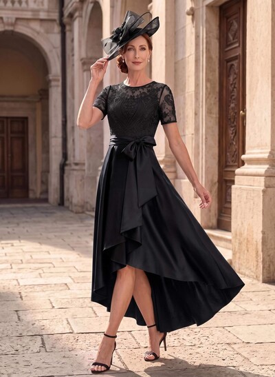 A-Line Scoop Neck Short Sleeve Asymmetric Lace/Satin Mother of the Bride Dresses with Bow/Lace Appliqués