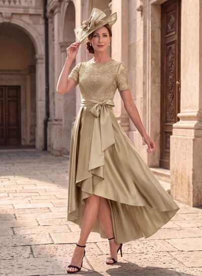 A-Line Scoop Neck Short Sleeve Asymmetric Lace/Satin Mother of the Bride Dresses with Bow/Lace Appliqués
