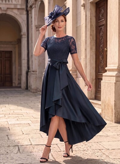 A-Line Scoop Neck Short Sleeves Asymmetrical Lace/Satin Mother Of The Bride Dresses With Bow/Appliques Lace
