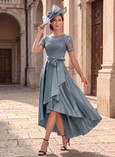 A-Line Scoop Neck Short Sleeves Asymmetrical Lace/Satin Mother Of The Bride Dresses With Bow/Appliques Lace