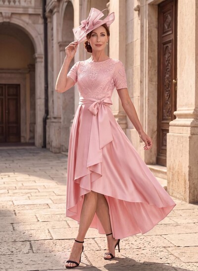 A-Line Scoop Neck Short Sleeves Asymmetrical Lace/Satin Mother Of The Bride Dresses With Bow/Appliques Lace