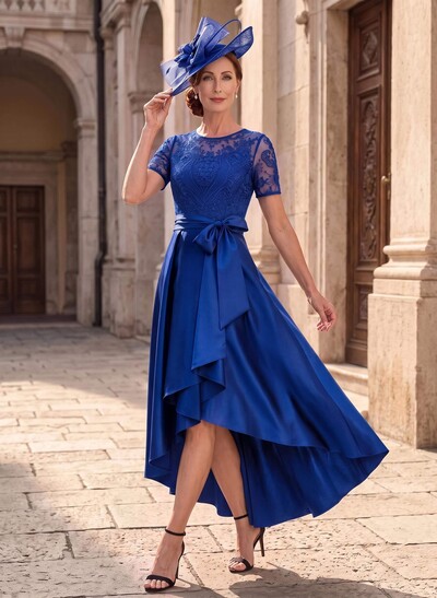 A-Line Scoop Neck Short Sleeves Asymmetrical Lace/Satin Mother Of The Bride Dresses With Bow/Appliques Lace