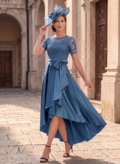 A-Line Scoop Neck Short Sleeves Asymmetrical Lace/Satin Mother Of The Bride Dresses With Bow/Appliques Lace
