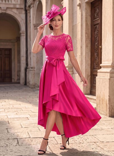 A-Line Scoop Neck Short Sleeves Asymmetrical Lace/Satin Mother Of The Bride Dresses With Bow/Appliques Lace