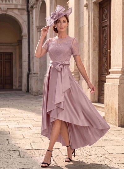 A-Line Scoop Neck Short Sleeves Asymmetrical Lace/Satin Mother Of The Bride Dresses With Bow/Appliques Lace
