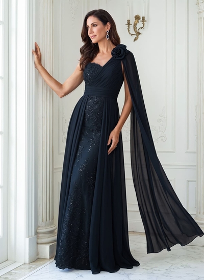 A-Line One-Shoulder Sleeveless Floor-Length Chiffon/Lace Mother Of The Bride Dresses With Flower