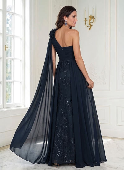A-Line One-Shoulder Sleeveless Floor-Length Chiffon/Lace Mother Of The Bride Dresses With Flower