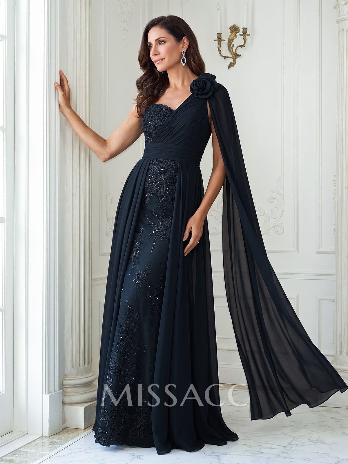 A-Line One-Shoulder Sleeveless Floor-Length Chiffon/Lace Mother Of The Bride Dresses With Flower