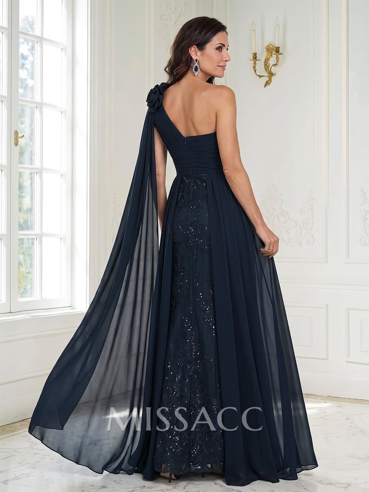 A-Line One-Shoulder Sleeveless Floor-Length Chiffon/Lace Mother Of The Bride Dresses With Flower