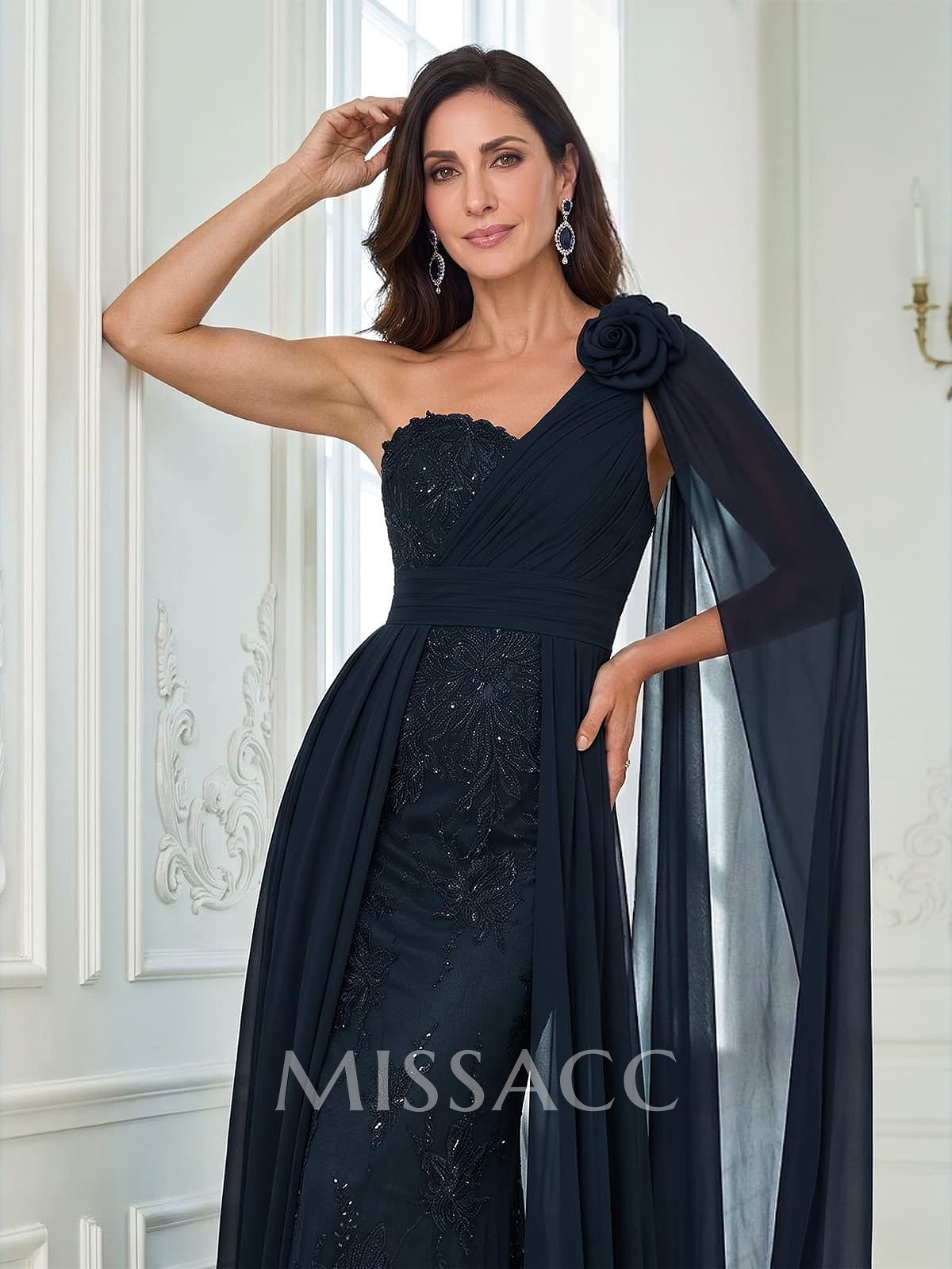 A-Line One-Shoulder Sleeveless Floor-Length Chiffon/Lace Mother Of The Bride Dresses With Flower
