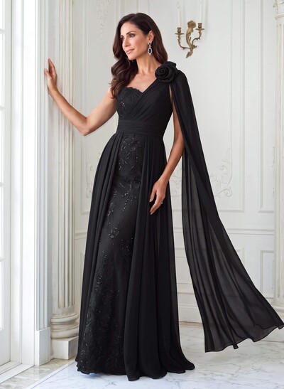 A-Line One-Shoulder Sleeveless Maxi Chiffon & Lace Mother Of The Bride Dress With Floral Feature