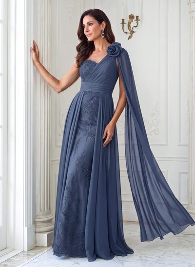 A-Line One-Shoulder Sleeveless Floor-Length Chiffon/Lace Mother Of The Bride Dress With Flower Appliqué