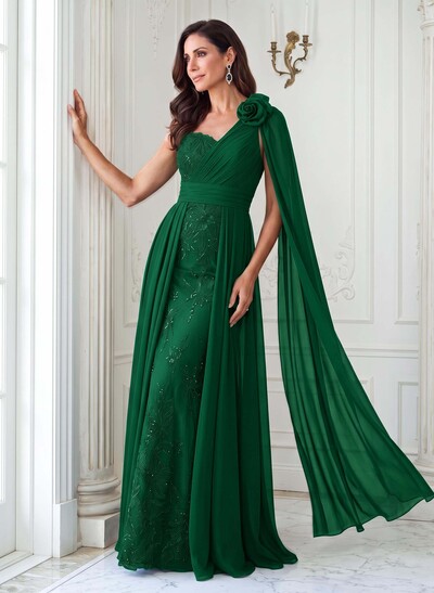 A-Line One-Shoulder Sleeveless Floor-Length Chiffon/Lace Mother Of The Bride Dresses With Flower