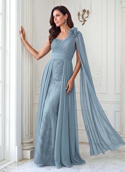 A-Line One-Shoulder Sleeveless Floor-Length Chiffon/Lace Mother Of The Bride Dresses With Flower