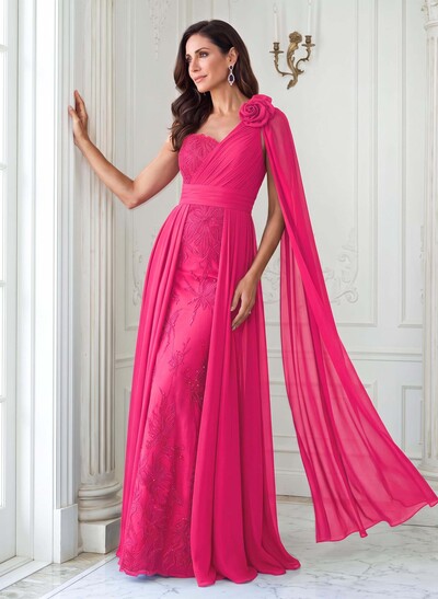 A-Line One-Shoulder Sleeveless Maxi Chiffon & Lace Mother Of The Bride Dress With Floral Feature