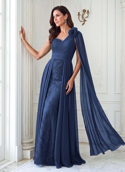 A-Line One-Shoulder Sleeveless Floor-Length Chiffon/Lace Mother Of The Bride Dresses With Flower