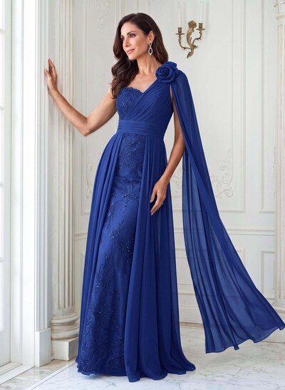 A-Line One-Shoulder Sleeveless Floor-Length Chiffon/Lace Mother Of The Bride Dresses With Flower