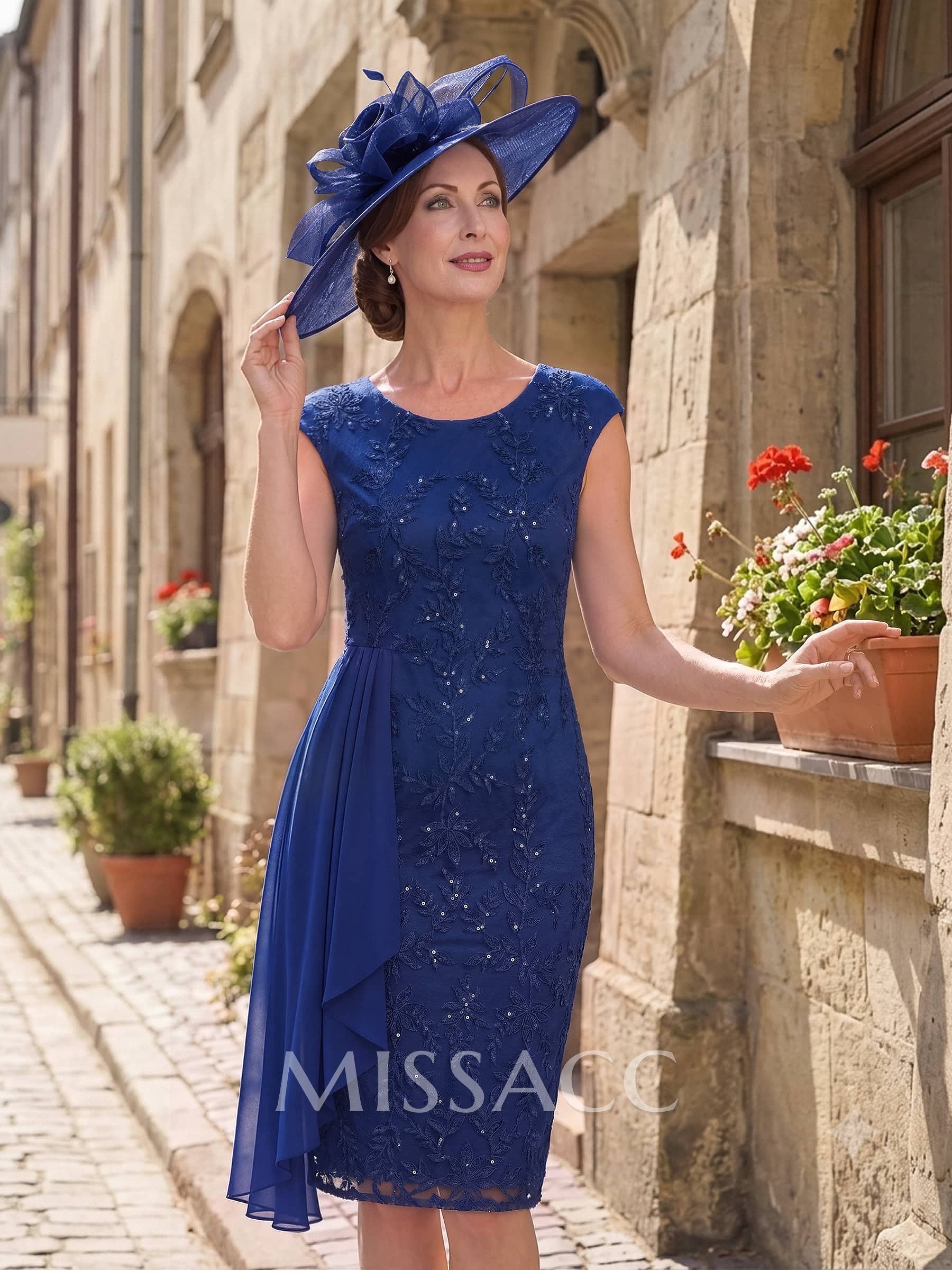 Sheath/Column Scoop Neck Sleeveless Knee-Length Chiffon/Lace Mother Of The Bride Dresses With Appliques Lace