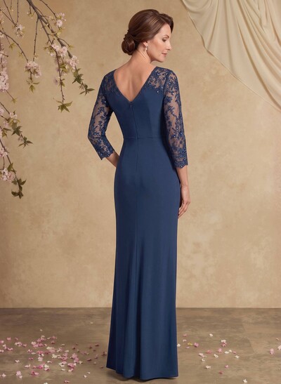 Sheath/Column V-Neck 3/4 Sleeves Floor-Length Chiffon/Lace Mother Of The Bride Dresses With Appliques Lace