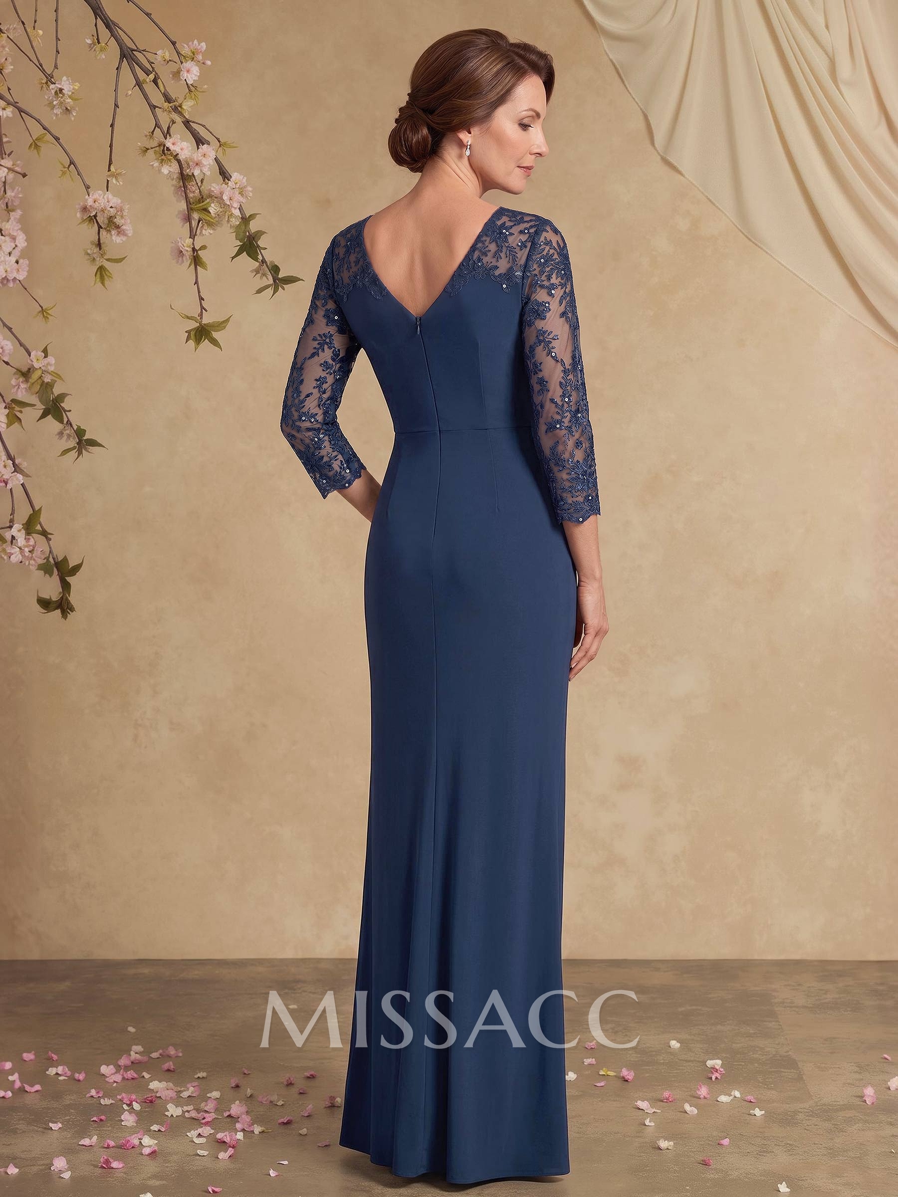 Sheath/Column V-Neck 3/4 Sleeves Floor-Length Chiffon/Lace Mother Of The Bride Dresses With Appliques Lace